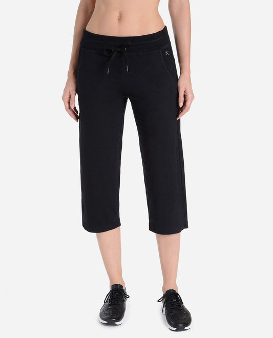 Front View of Danskin Rich Black Essentials Drawcord Crop Pant | DSK RICH BLACK