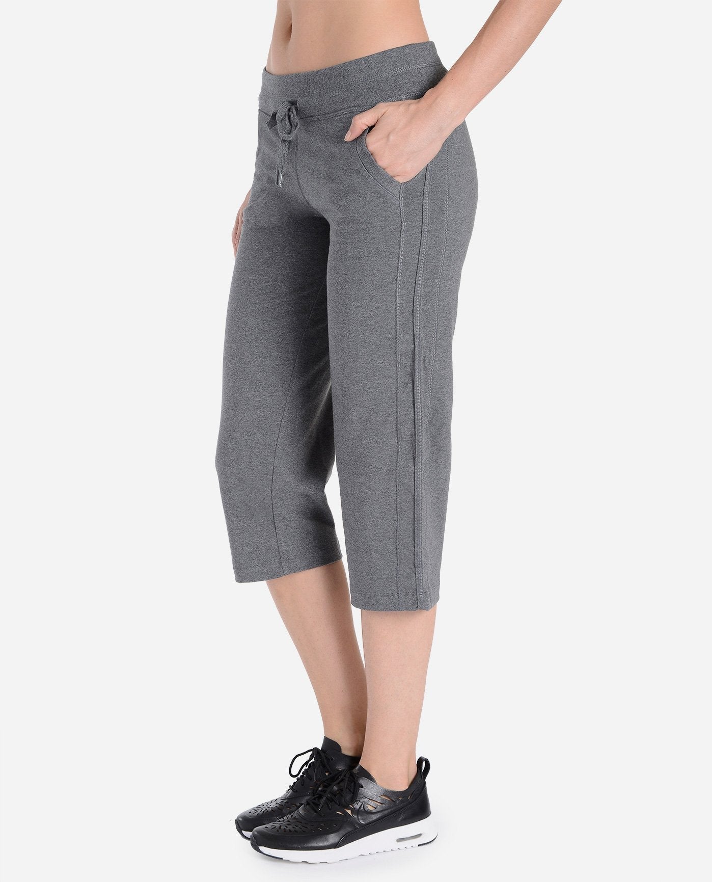 Front View of Danskin Charcoal Grey Heather Essentials Drawcord Crop Pant | DSK CHARCOAL GREY HEATHER