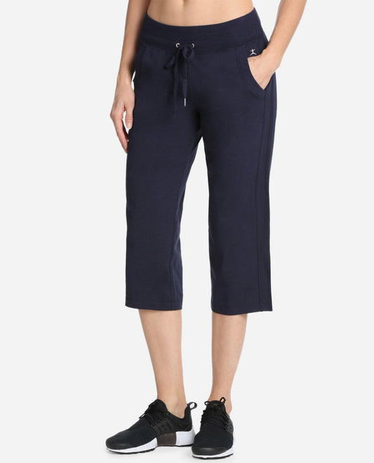 Front View of Danskin Midnight Navy Essentials Drawcord Crop Pant | DSK Midnight Navy