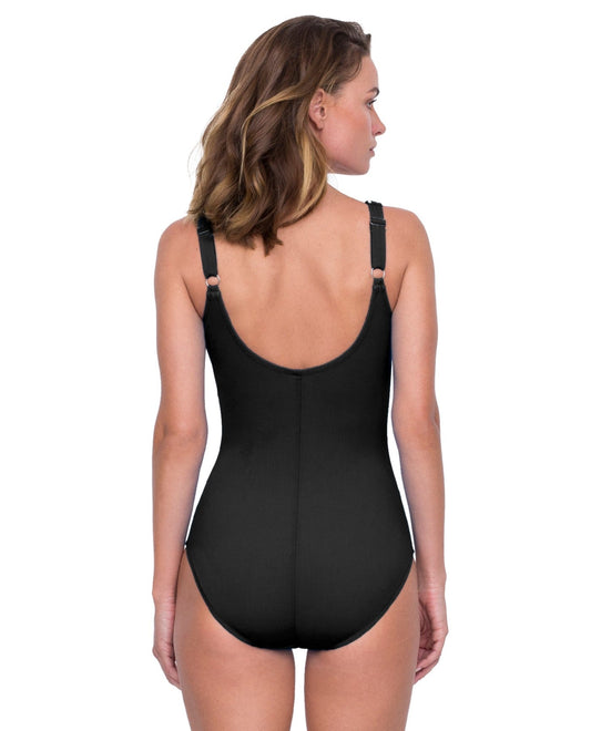 Back View of Gottex Sinatra Black Full Coverage Surplice High Back One Piece Swimsuit | GOT BLACK