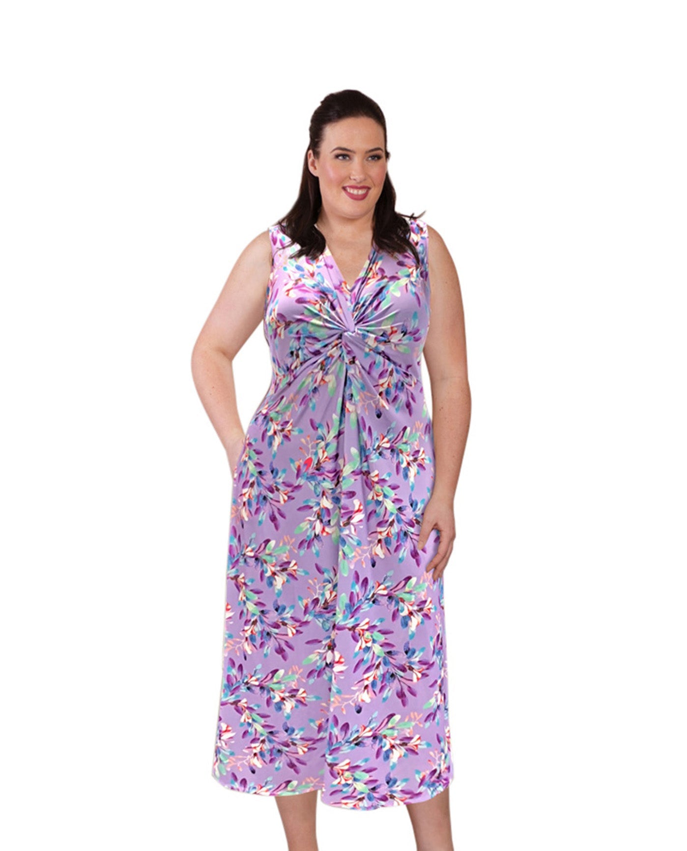 Front of Printed Sleeveless Twist Front Diana Plus Size Tank Dress | 244 OTPS Purple Petals