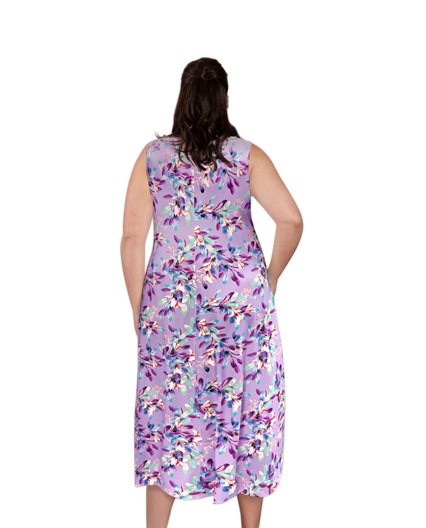 Back of Printed Sleeveless Twist Front Diana Plus Size Tank Dress | 244 OTPS Purple Petals