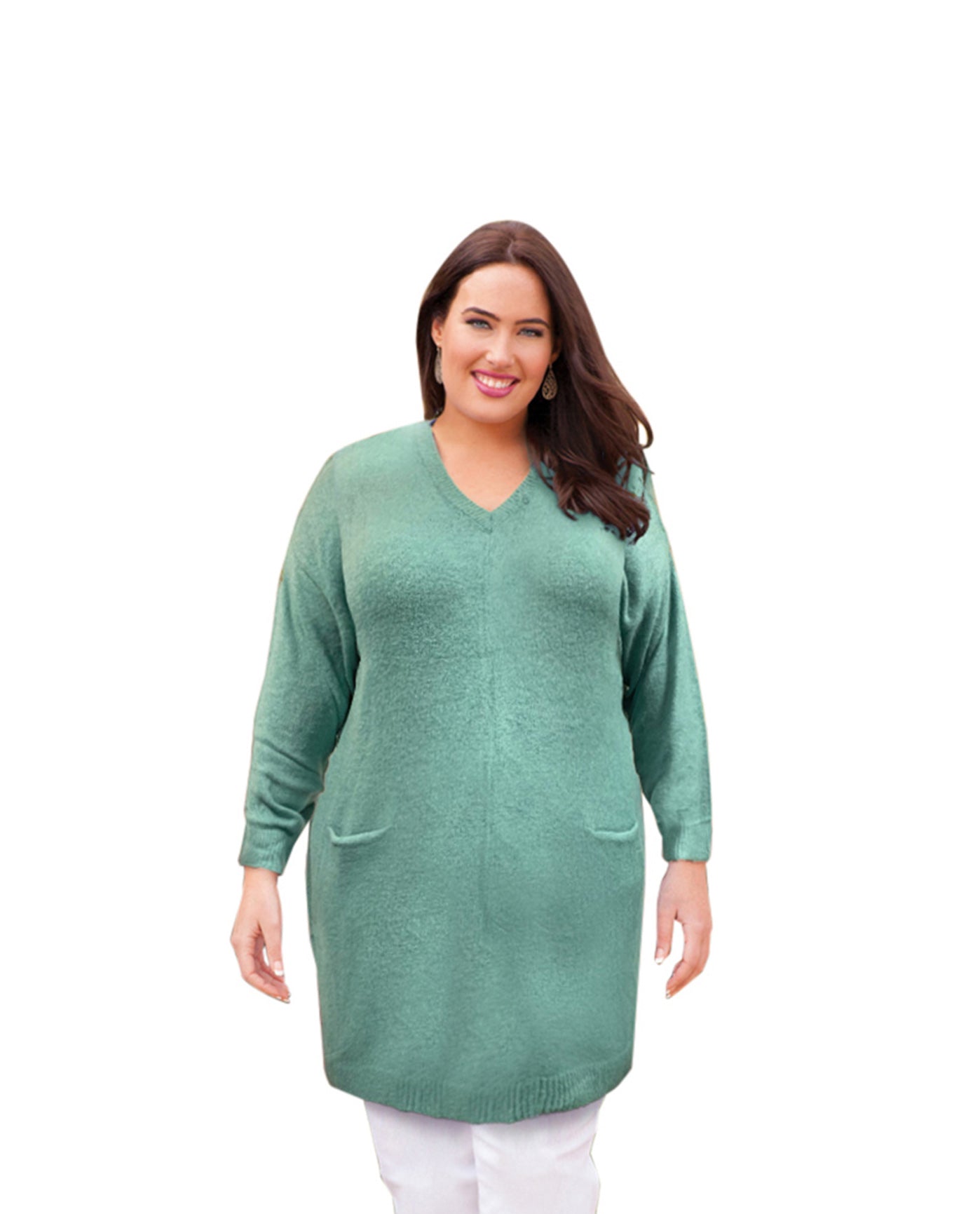 Front of Pullover Pocket Plus Size Sweater Dress | 044 OTPS Emerald Green