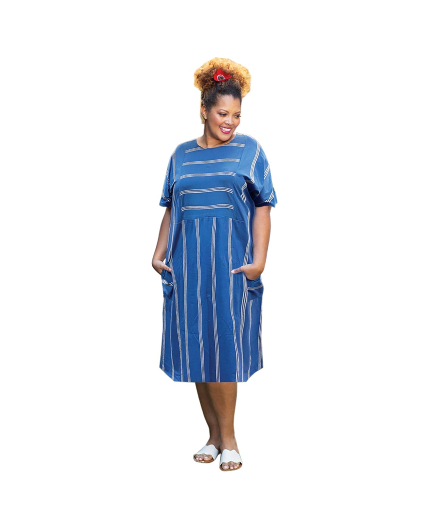 Front of Printed Cotton Jersey Short Sleeve Double Pocket Jaclyn Plus Size Dress | 243 OTPS Blue Stripe