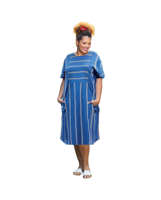 Front of Printed Cotton Jersey Short Sleeve Double Pocket Jaclyn Plus Size Dress | 243 OTPS Blue Stripe