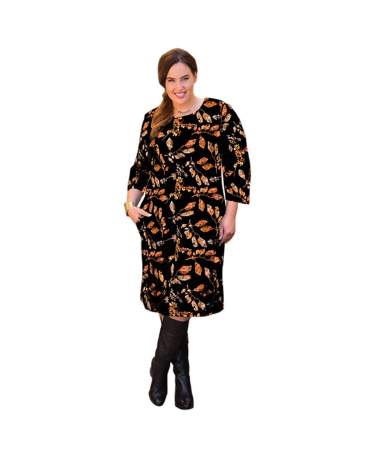 Front of Lallie 3/4 Sleeve Plus Size Dress with Pockets | 214 OTPS Black Dry Leaves