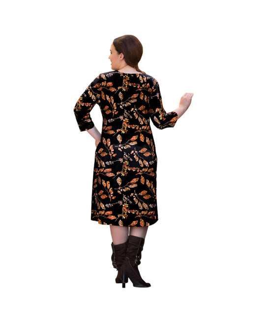 Back of Lallie 3/4 Sleeve Plus Size Dress with Pockets | 214 OTPS Black Dry Leaves