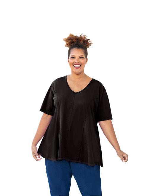 Front of Solid Idalia Short Sleeve Cotton Knit Plus Size Top | BLACK OTPS Black