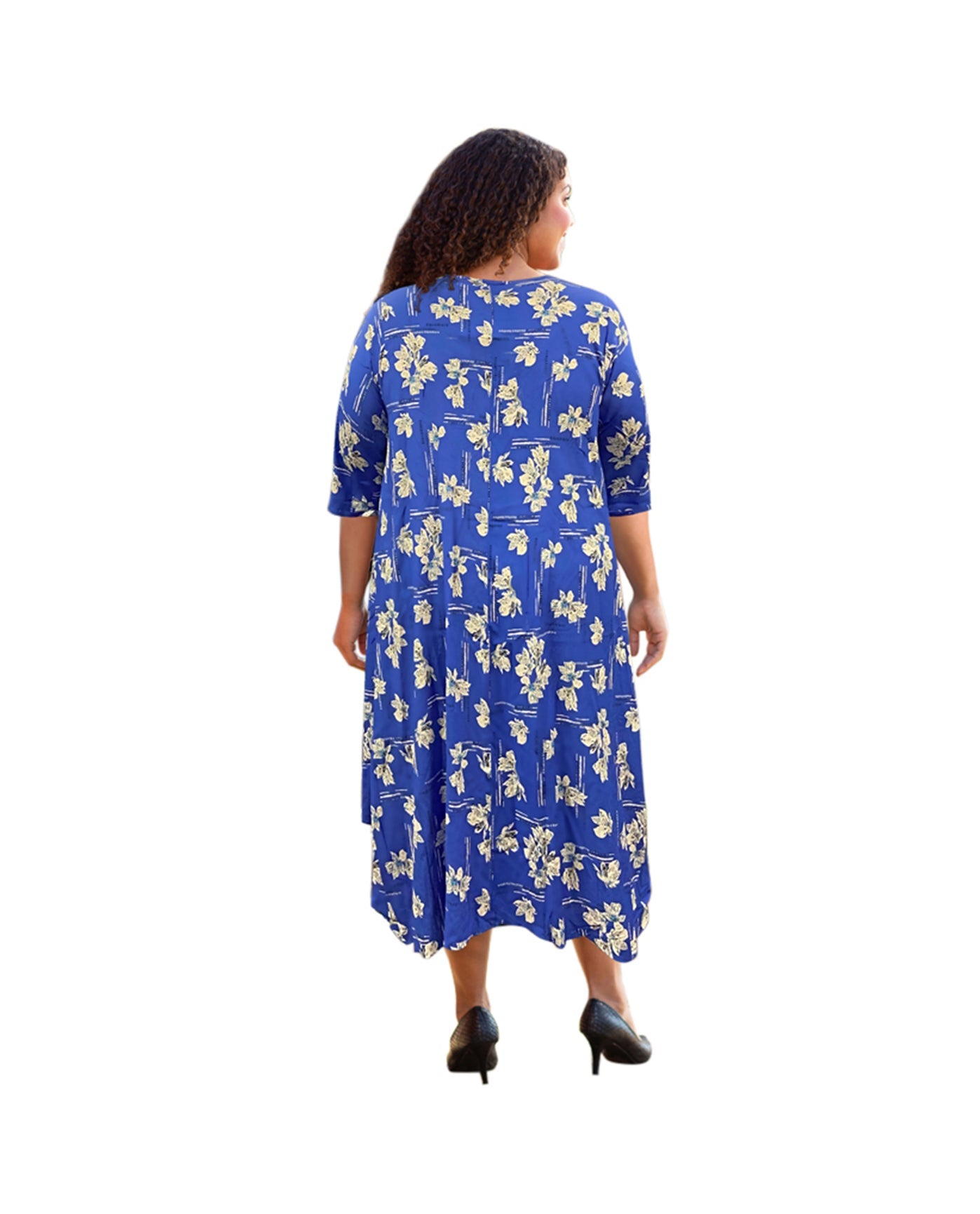 Back of Printed 3/4 Sleeve Edyth Plus Size Dress | 232 OTPS Blue Floral