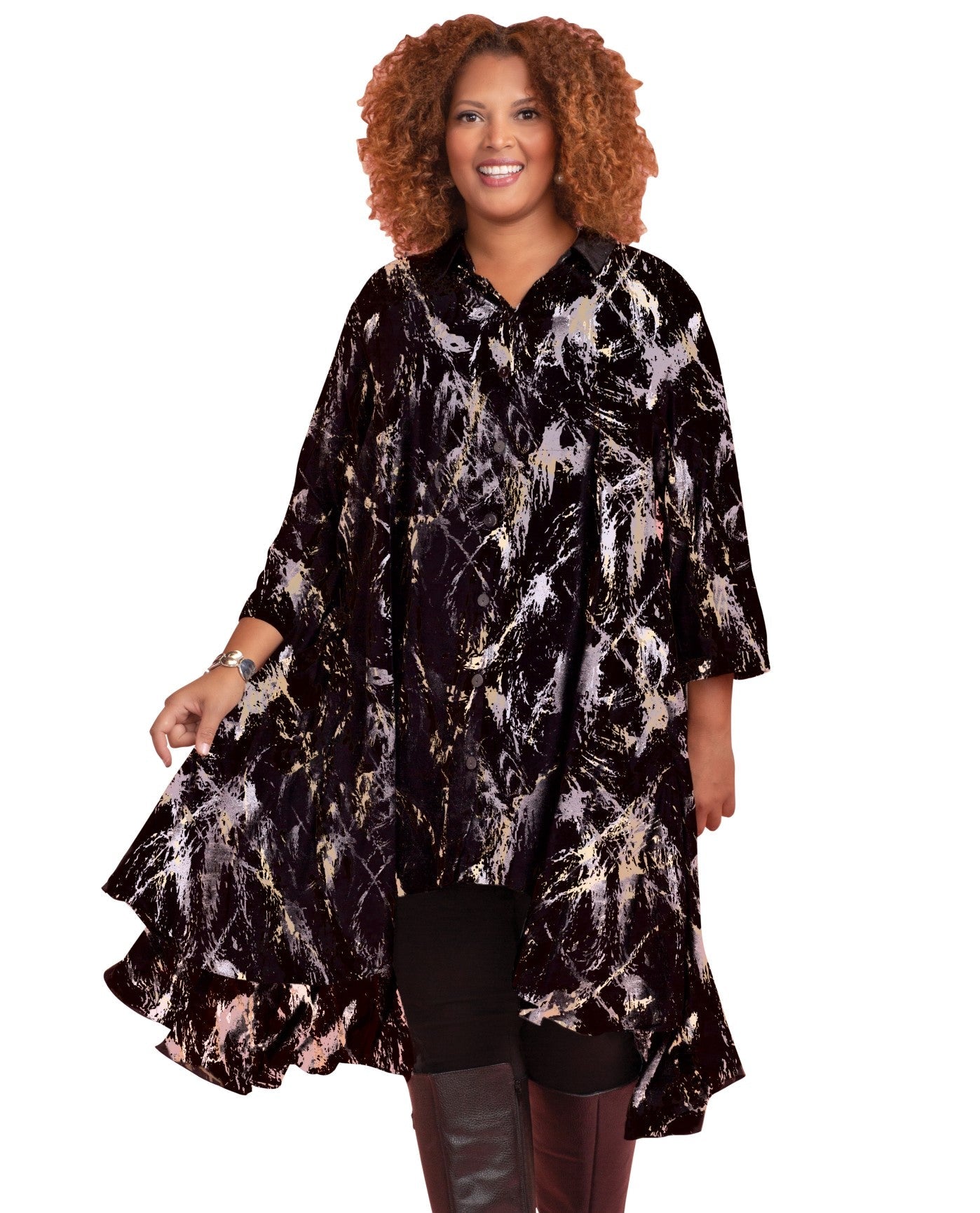 Front View of On The Plus Side Eggnog Paint Splatter Plus Size 3/4 Sleeve Birdie Dress With Pockets |  OTPS BLACK