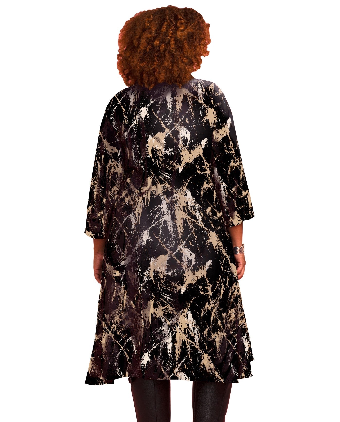 Back View of On The Plus Side Eggnog Paint Splatter Plus Size 3/4 Sleeve Birdie Dress With Pockets |  OTPS BLACK