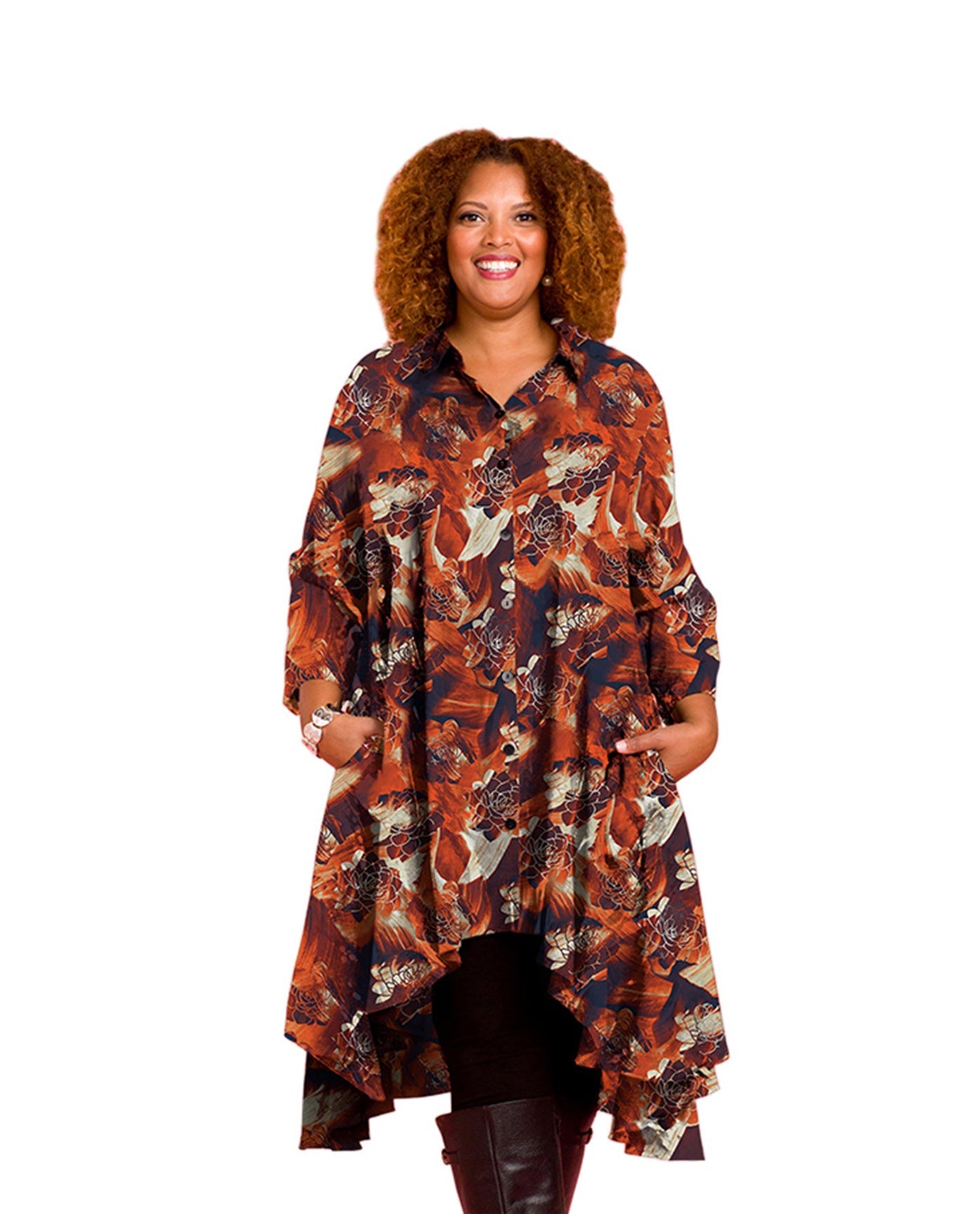 Front of 3/4 Sleeve Birdie Plus Size Tunic Dress with Pockets | 265 OTPS Burnt Orange Brush