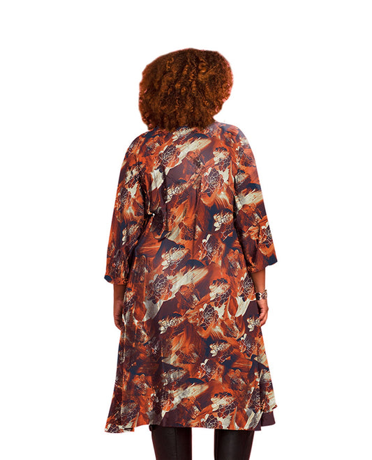 Back of 3/4 Sleeve Birdie Plus Size Tunic Dress with Pockets | 265 OTPS Burnt Orange Brush