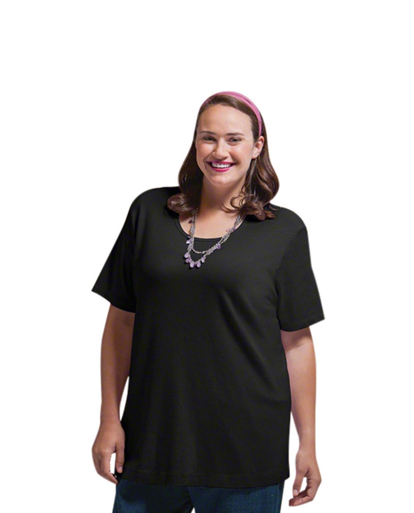 Front of Solid Short Sleeve U-Neck Plus Size Tee | BLACK OTPS Black
