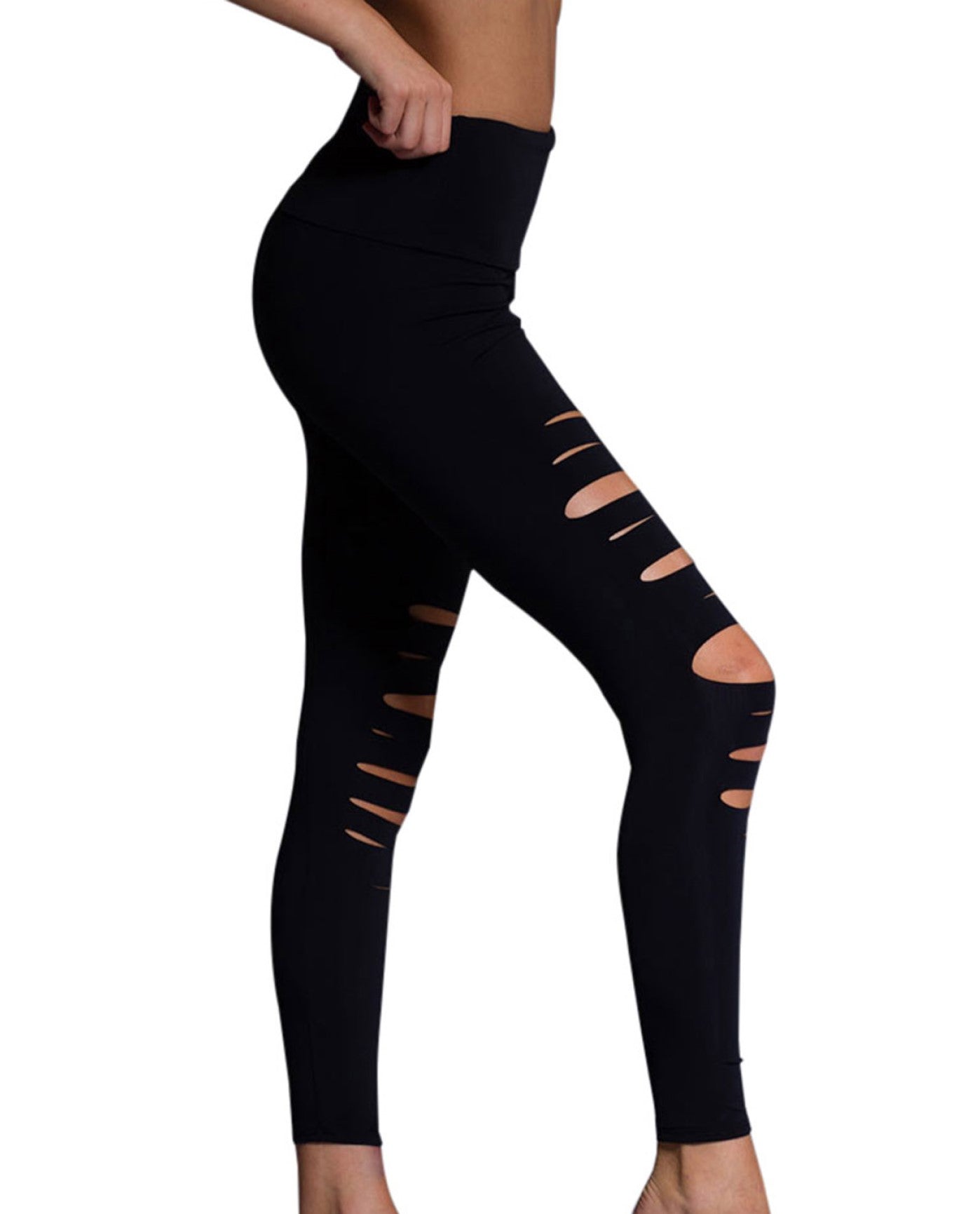 Side View of Onzie Black Shred Capri | ONZ BLACK