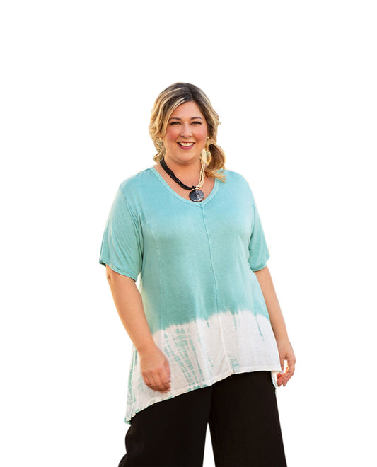 Front of Sara Short Sleeve V-Neck Plus Size Top | PEACO OTPS Peacock