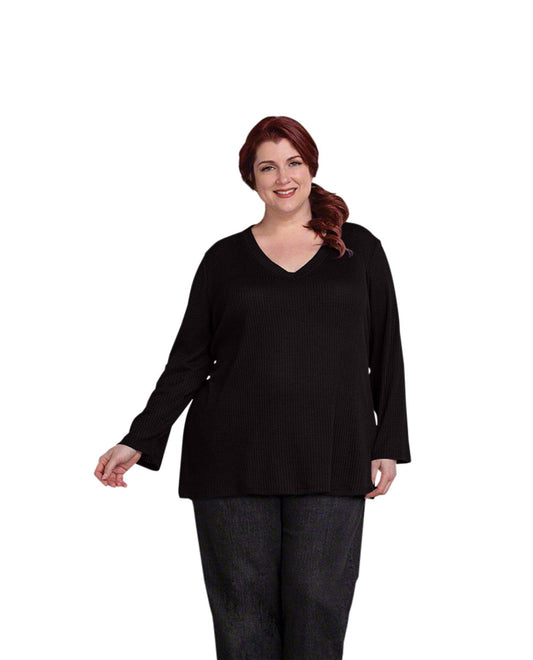 Front of Waffle Knit Long Sleeve Plus Size Top | BLACK OTPS Black