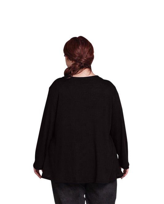 Back of Waffle Knit Long Sleeve Plus Size Top | BLACK OTPS Black