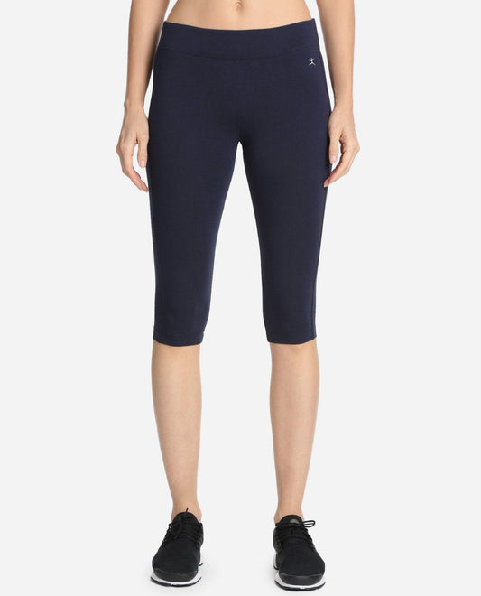 Front View of Danskin Plus Size Midnight Navy Essentials Capri Legging | DSK Midnight Navy