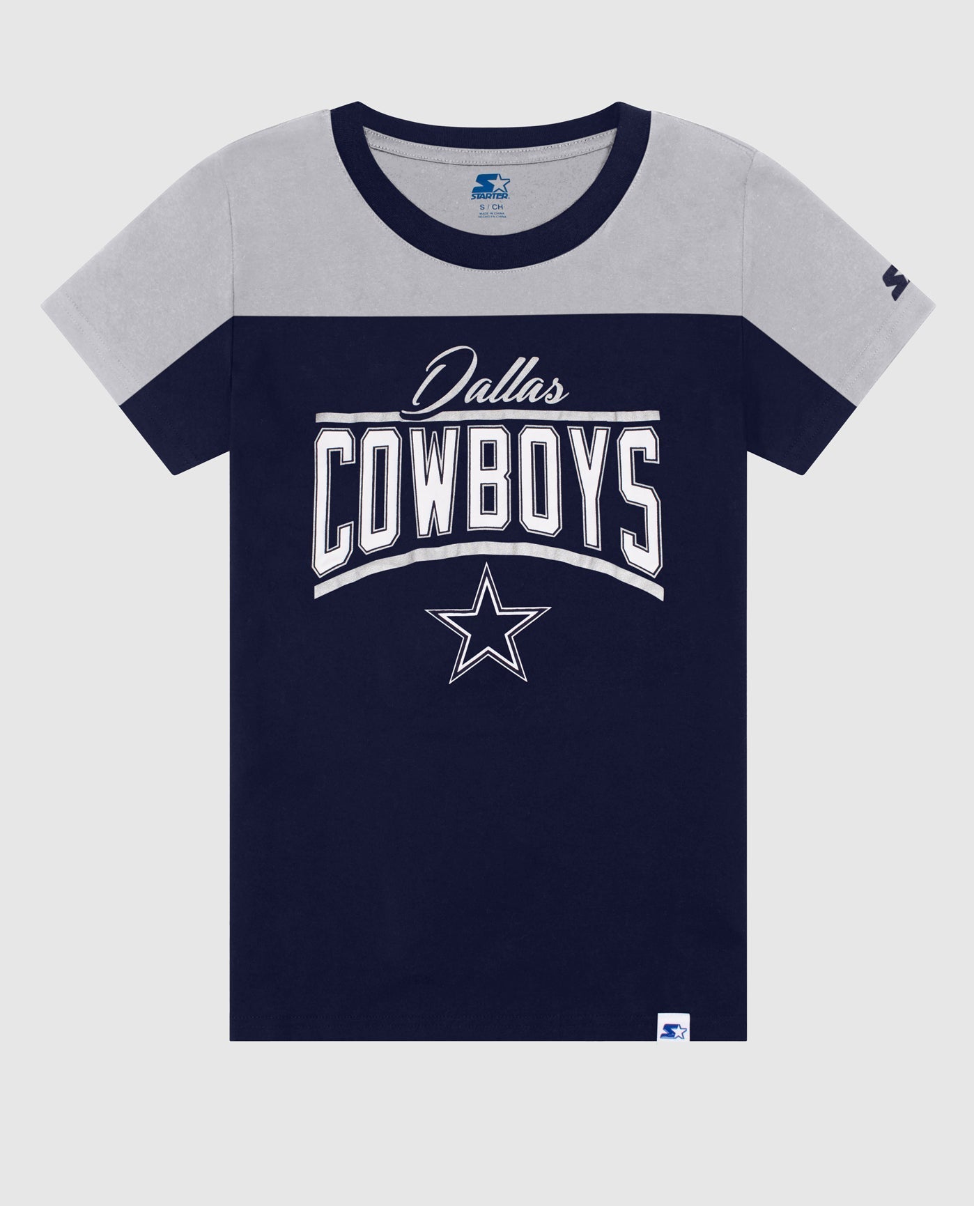 Front View of Starter Navy Womens Dallas Cowboys Crew Neck Color Block Starter Shirt | STR DALLAS COWBOYS NAVY