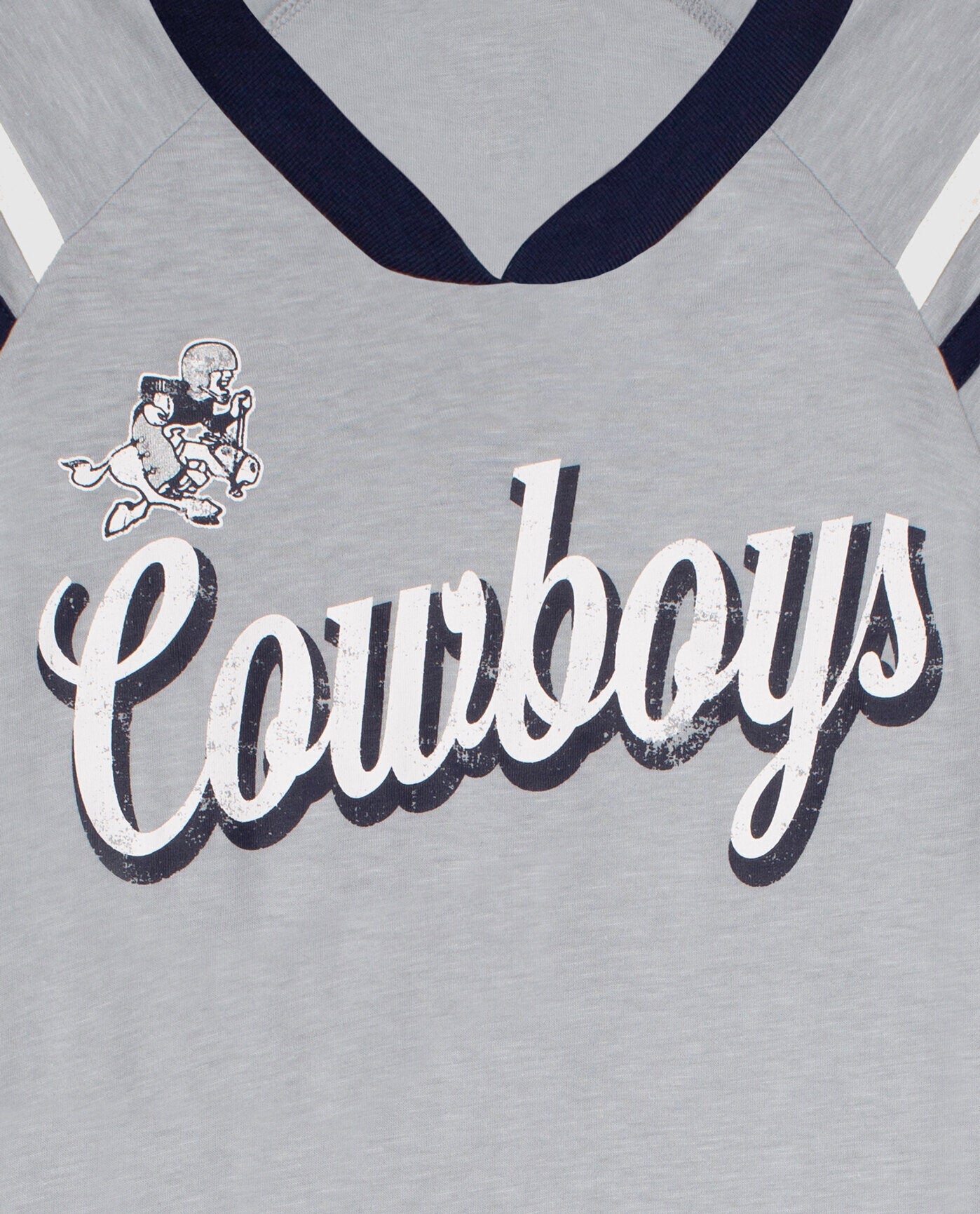 Side View of Starter Grey Womens Dallas Cowboys V-Neck Striped Sleeve Starter Shirt | STR DALLAS COWBOYS GREY