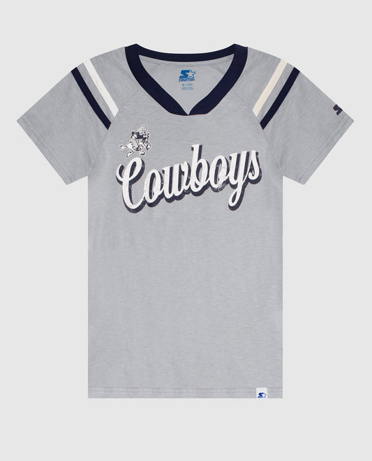 Front View of Starter Grey Womens Dallas Cowboys V-Neck Striped Sleeve Starter Shirt | STR DALLAS COWBOYS GREY