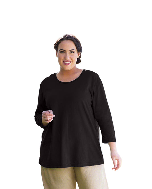 Front of 3/4 Sleeve U-Neck Long Sleeve Plus Size Tunic | BLACK OTPS Black