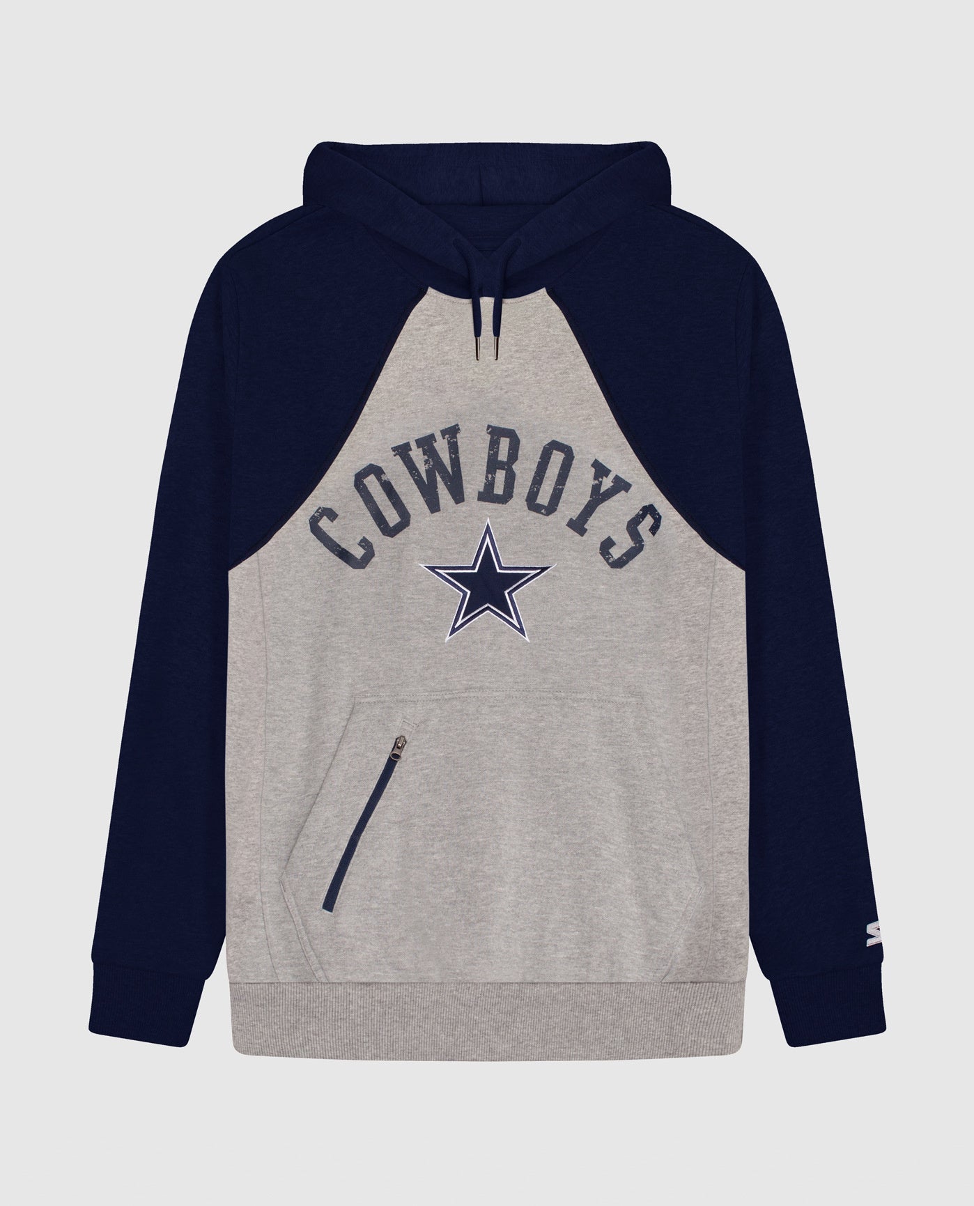 Front View of Starter Heather Gray Dallas Cowboys Front Zip-Pocket Starter Hoodie | STR DALLAS COWBOYS HEATHER GREY