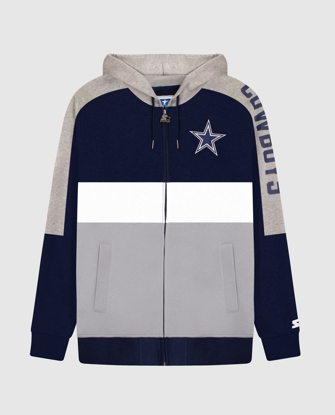 Front View of Starter Navy Dallas Cowboys Zip-Front Colorblock Starter Hoodie | STR DALLAS COWBOYS NAVY