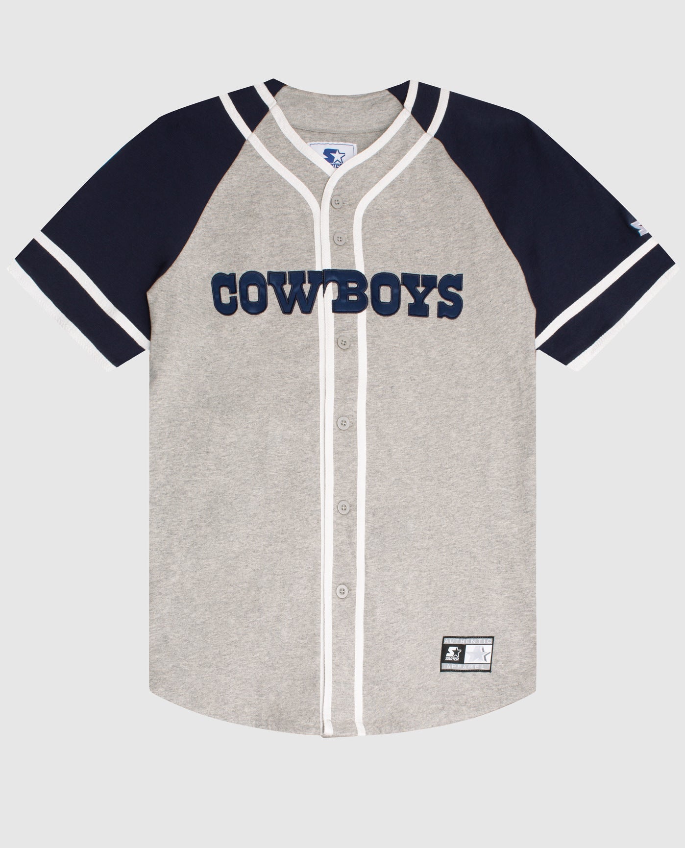 Front View of Starter Grey Dallas Cowboys Button-Front Cotton Starter Baseball Jersey | STR DALLAS COWBOYS GREY