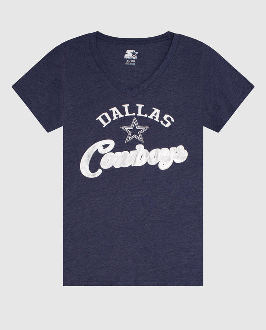 Front View of Starter Navy Womens Dallas Cowboys Rhinestones V-Neck Starter Shirt | STR DALLAS COWBOYS NAVY