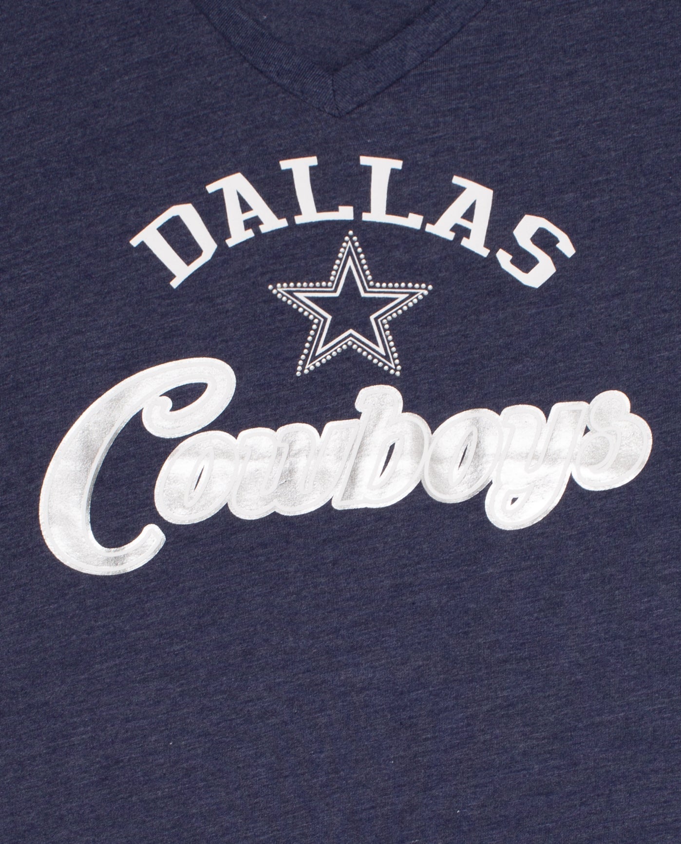 Side View of Starter Navy Womens Dallas Cowboys Rhinestones V-Neck Starter Shirt | STR DALLAS COWBOYS NAVY