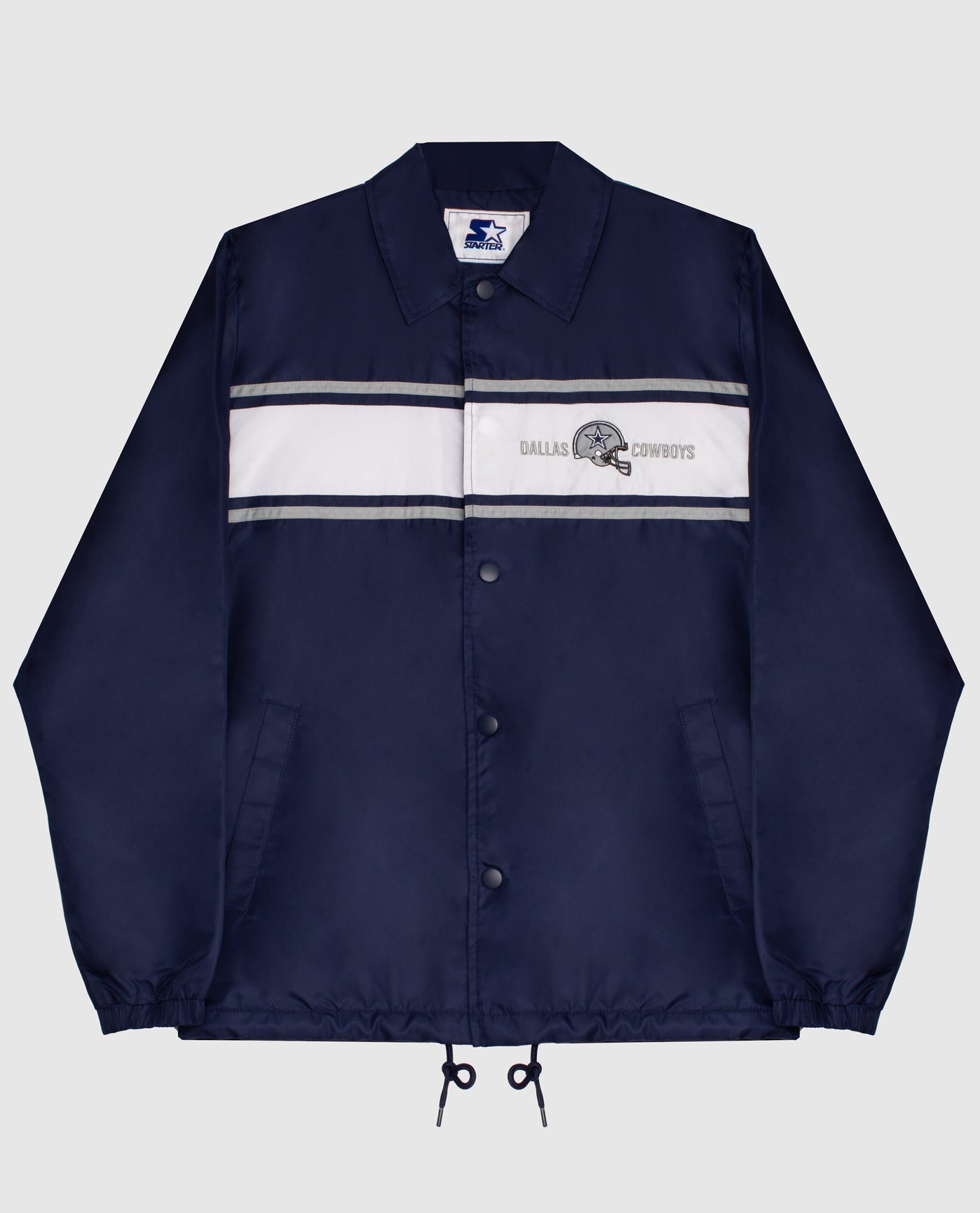 Front View of Starter Navy Dallas Cowboys Snap-Front Collared Chest Stripe Starter Jacket | STR DALLAS COWBOYS NAVY