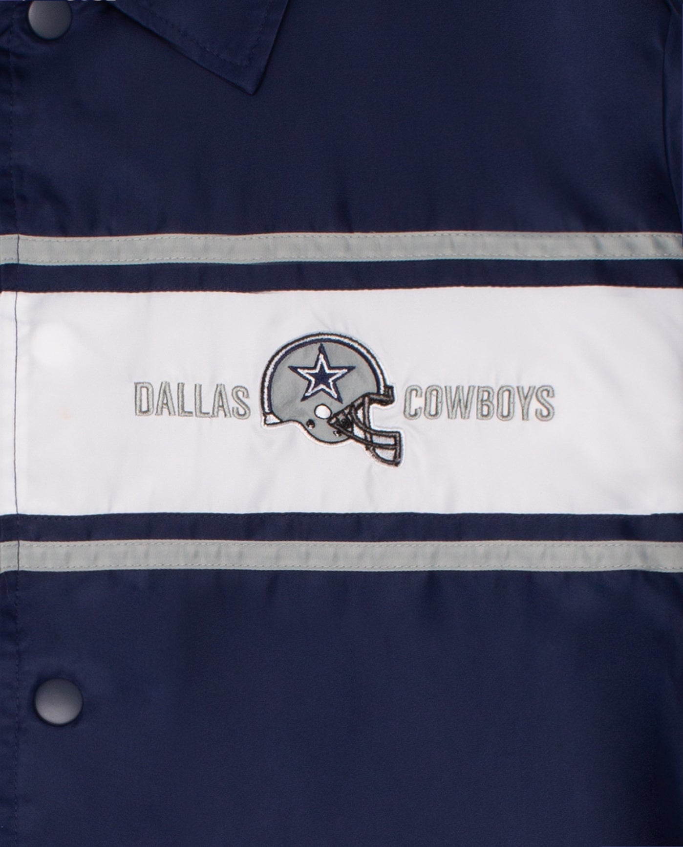 Detail View of Starter Navy Dallas Cowboys Snap-Front Collared Chest Stripe Starter Jacket | STR DALLAS COWBOYS NAVY