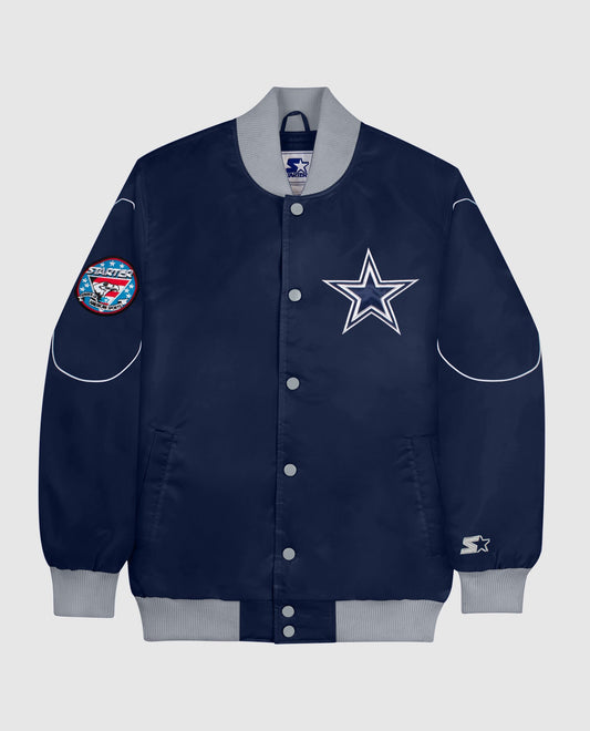 Front View of Starter Navy Dallas Cowboys Snap-Front Bomber Starter Jacket | STR DALLAS COWBOYS NAVY