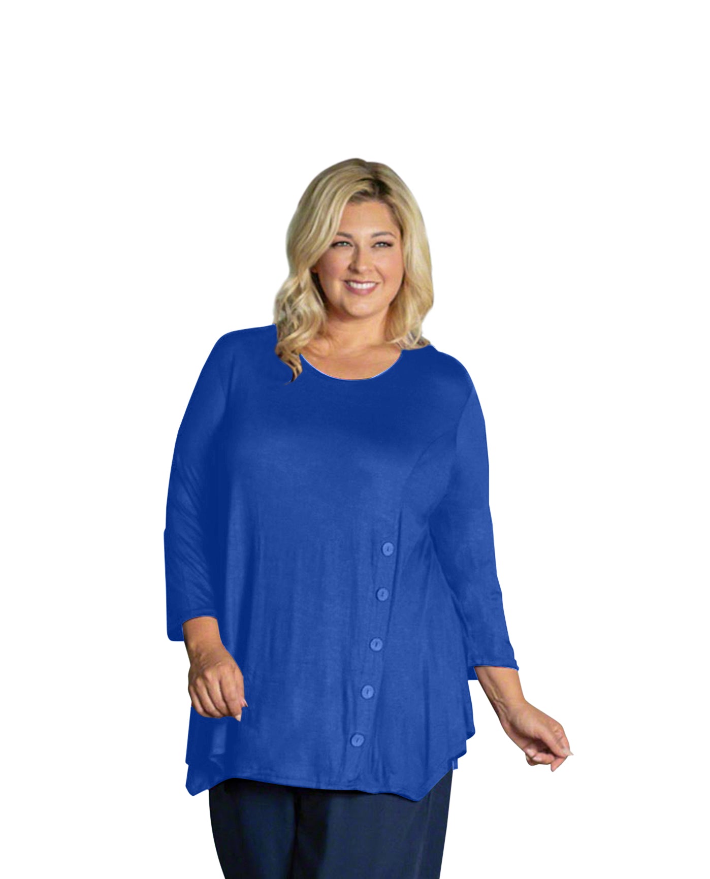 Front of Tamsin Bracelet Sleeve Button Detail Plus Size Knit Top | ROYAL OTPS Royal Blue