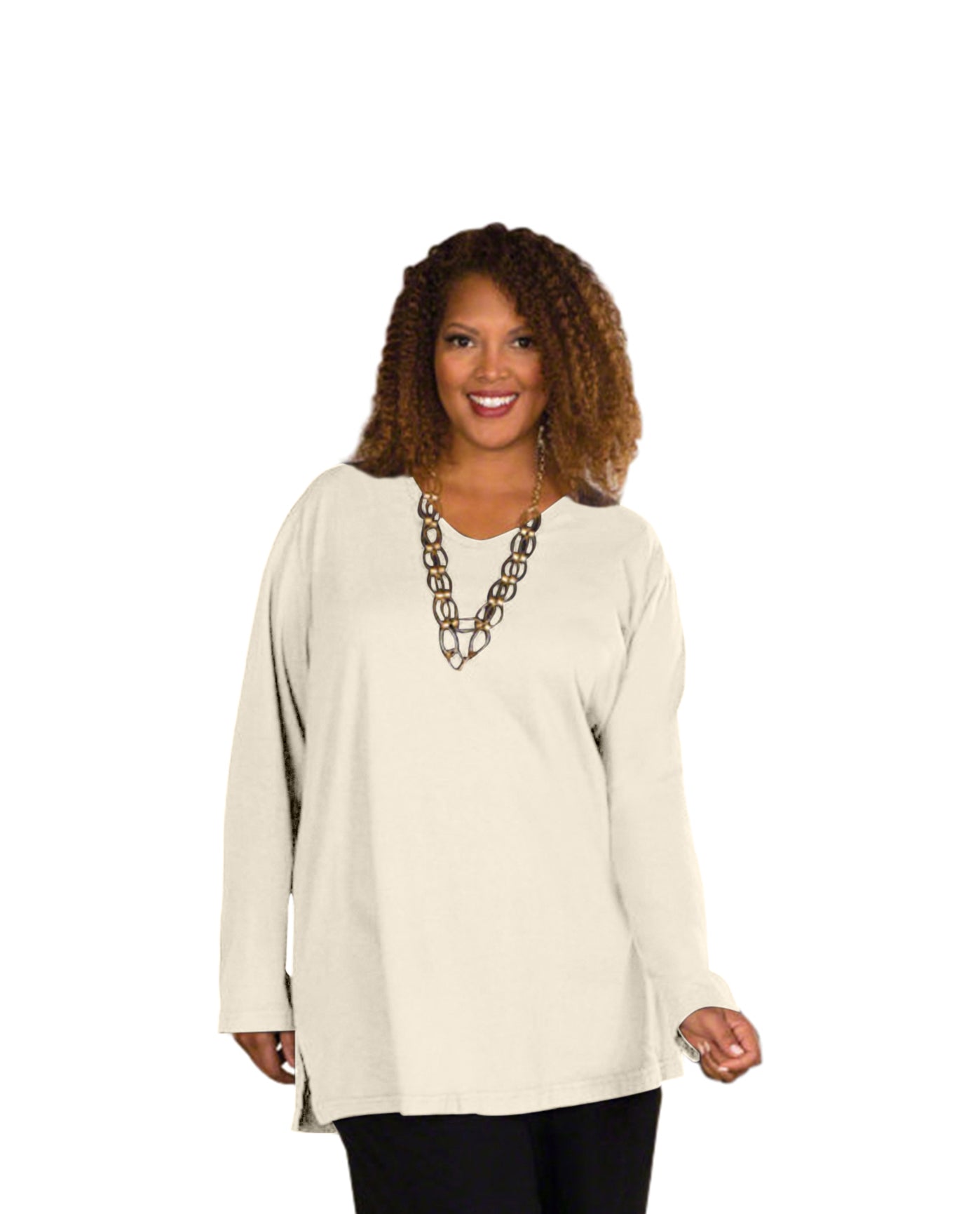 Front of V-Neck Long Sleeve Plus Size Tee | ARCWT OTPS Arctic White