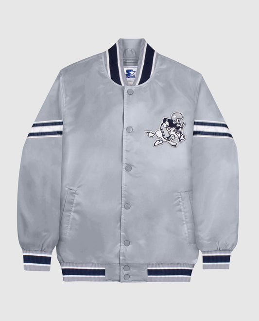 Front View of Starter Grey Dallas Cowboys Satin Full-Snap Starter Jacket | STR DALLAS COWBOYS GREY