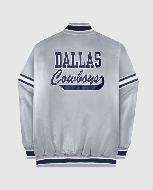 Back View of Starter Grey Dallas Cowboys Satin Full-Snap Starter Jacket | STR DALLAS COWBOYS GREY