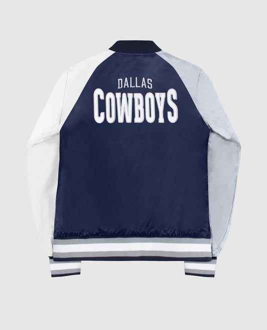 Back View of Starter Navy Womens Dallas Cowboys Snap-Front Varsity Satin Starter Jacket | STR DALLAS COWBOYS NAVY