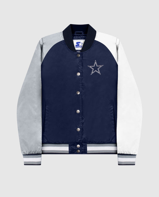 Front View of Starter Navy Womens Dallas Cowboys Snap-Front Varsity Satin Starter Jacket | STR DALLAS COWBOYS NAVY
