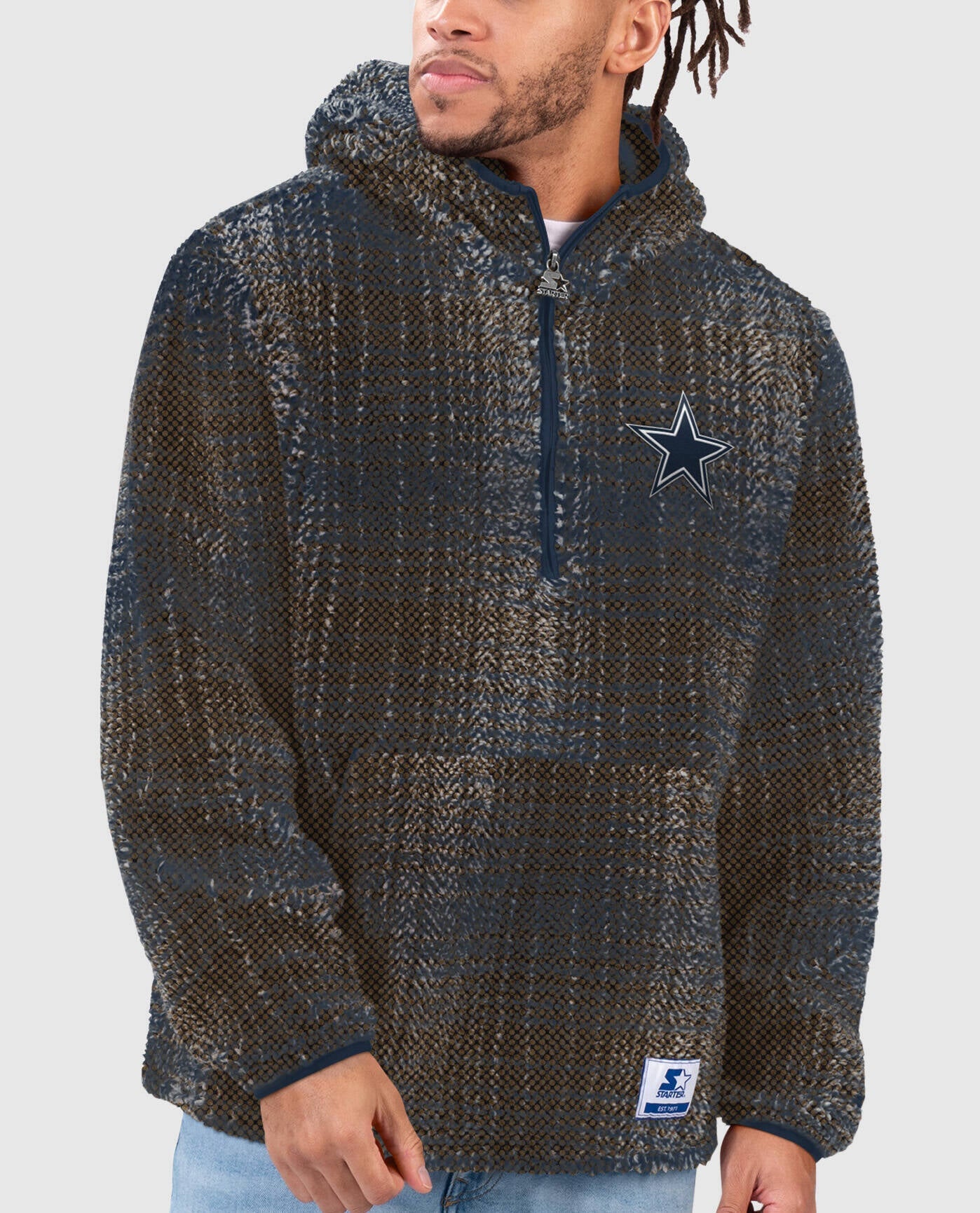 Front View of Starter Navy Dallas Cowboys Gus Plaid Sherpa Starter Pullover Jacket | STR DALLAS COWBOYS NAVY