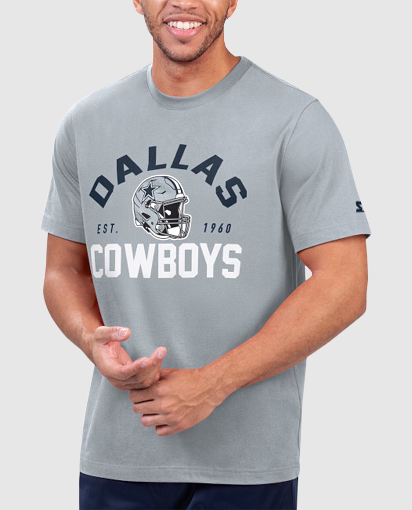 Front View of Starter Grey Dallas Cowboys Hands Off Short Sleeve Starter Tee | STR DALLAS COWBOYS GREY