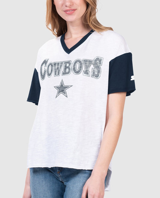 Front View of Starter White Dallas Cowboys Womens First Base Short Sleeve V-Neck Starter Tee | STR DALLAS COWBOYS WHITE