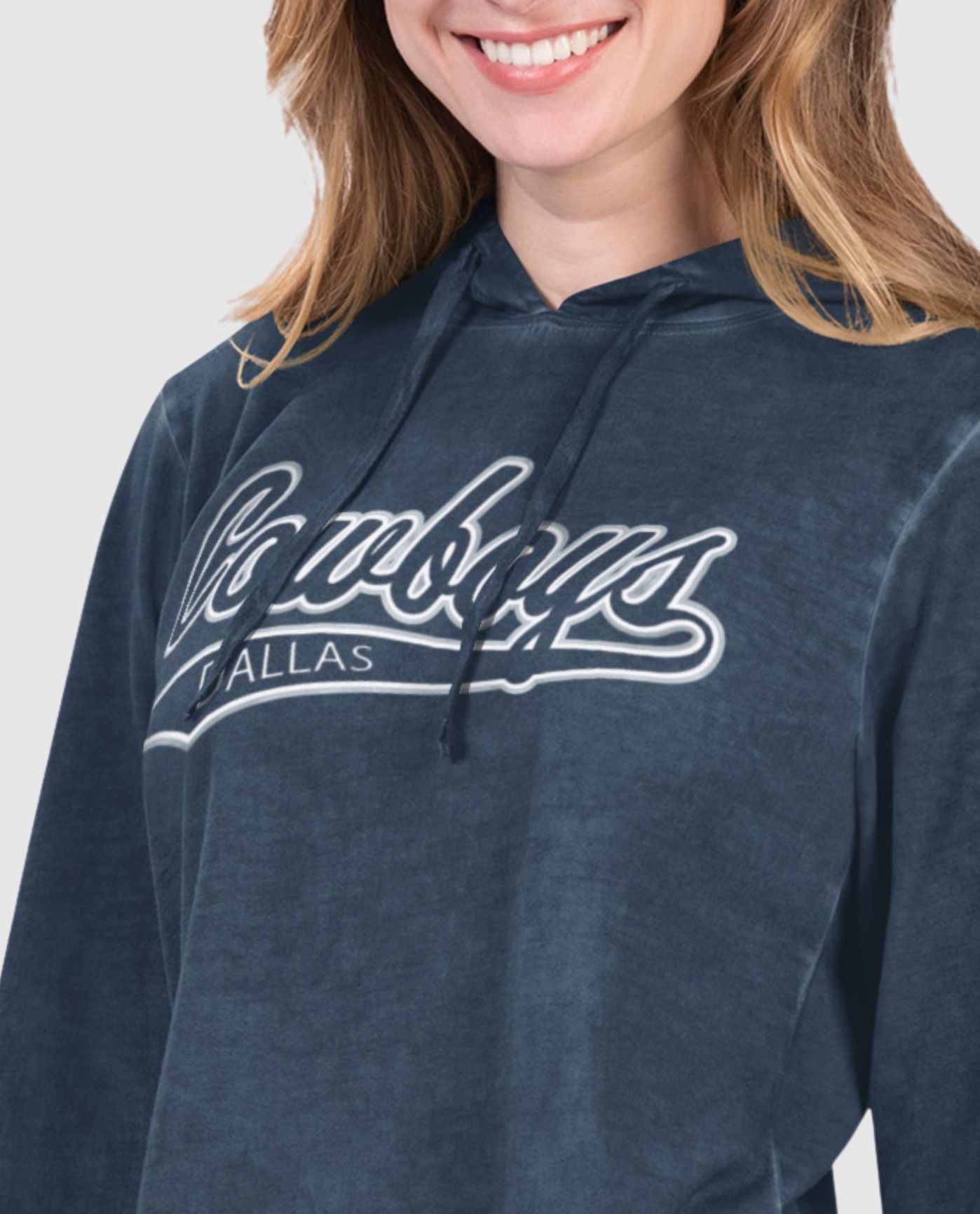 Side View of Starter Navy Dallas Cowboys Womens Wishbone Long Sleeve Hooded Starter Shirt | STR DALLAS COWBOYS NAVY