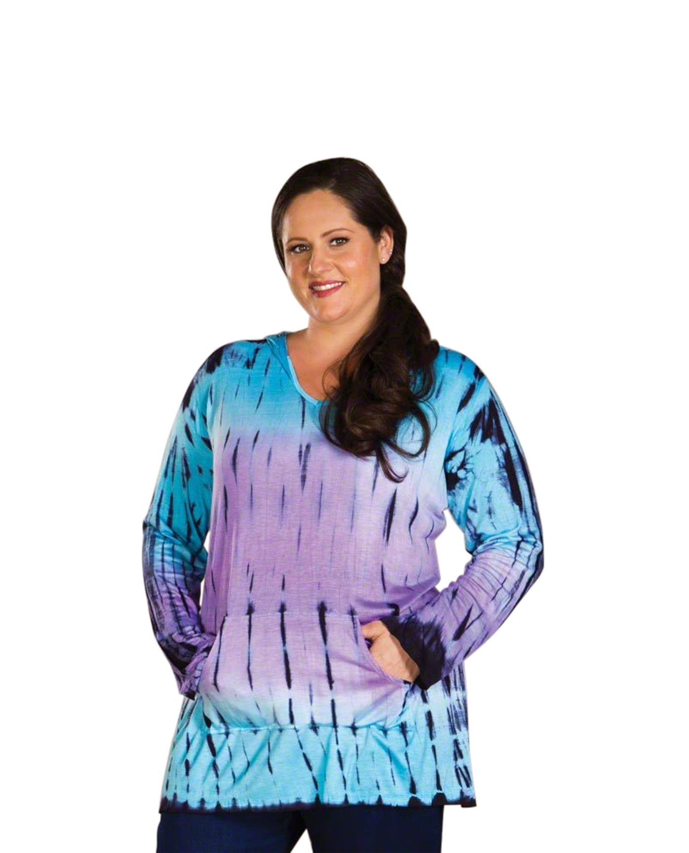 Front of Cala Tie-Dye Hooded Plus Size Top | BLUE OTPS Cala Blue