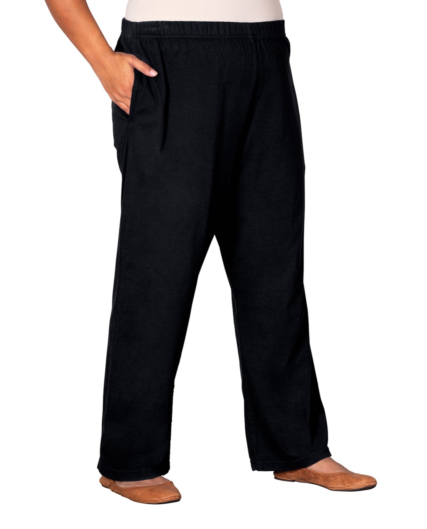 Front View of On The Plus Side Black Cotton Jersey Wide Leg Plus Size Knit Pants | OTPS BLACK