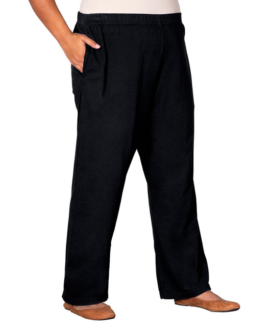 Front View of On The Plus Side Black Cotton Jersey Wide Leg Plus Size Knit Pants | OTPS BLACK