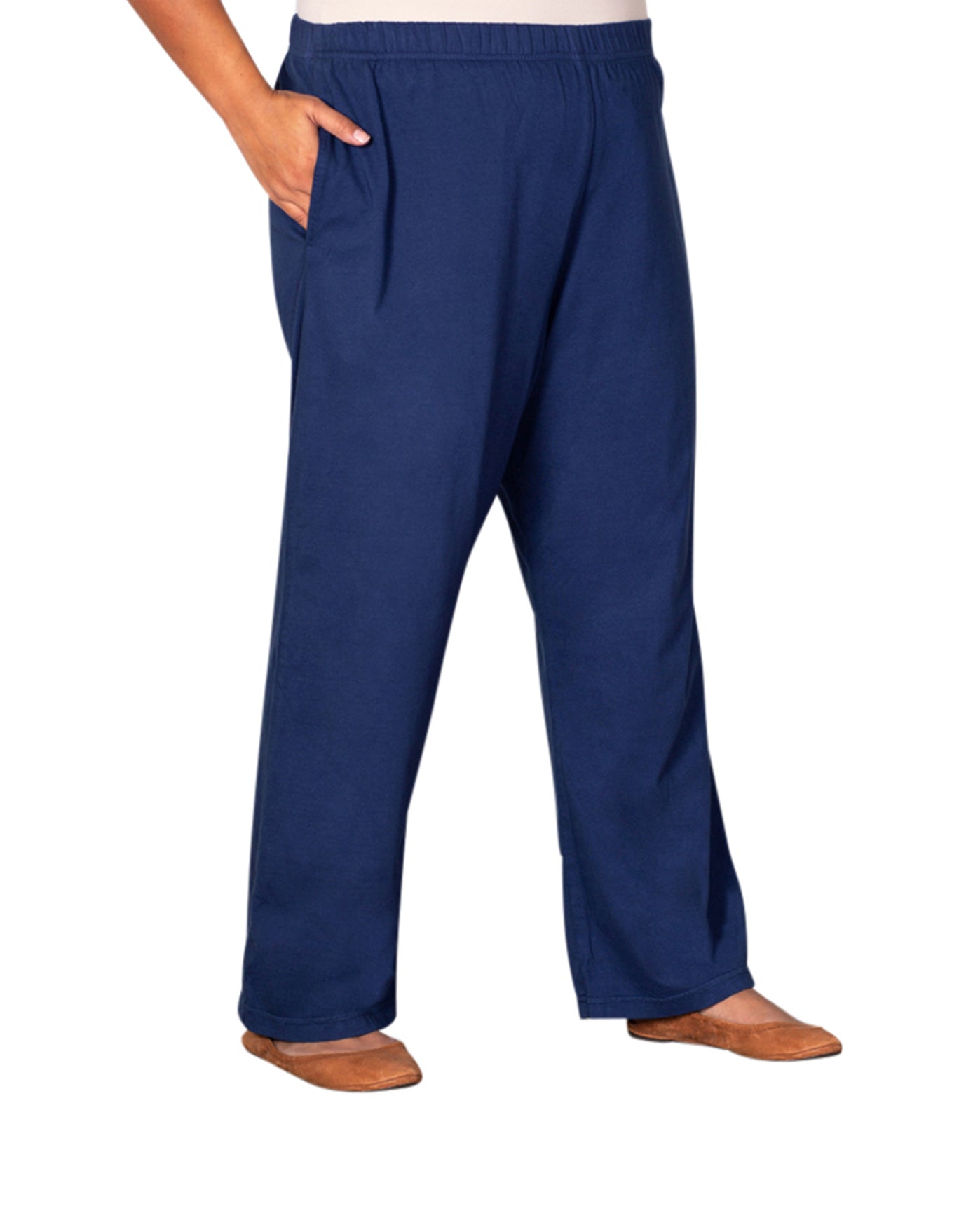 Front of Cotton Jersey Wide Leg Plus Size Knit Pants | 019 OTPS Navy