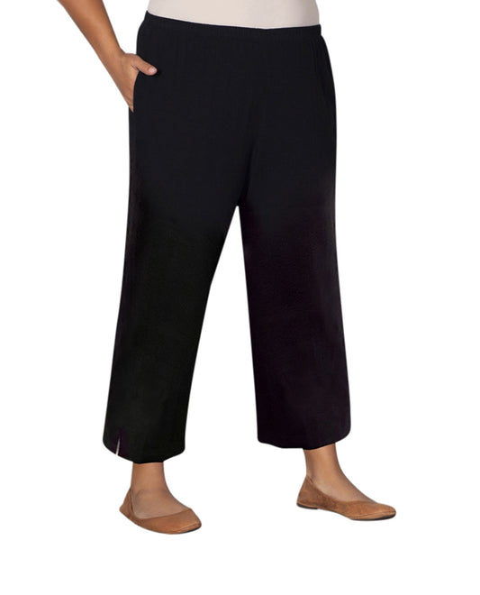 Front of Linen Pull On Wide Leg Plus Size Flood Pants | 001 OTPS Black